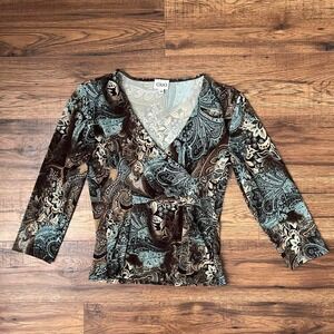 Cleo Y2K Paisley Wrap Top Brown Teal Floral Print 3/4 Sleeve Stretch Blouse S